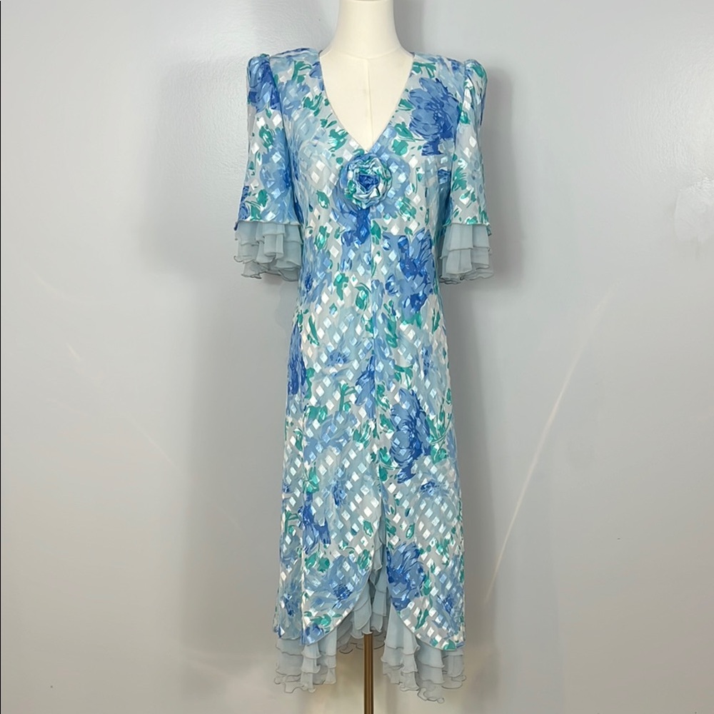Liptons Floral Blue Dress with Ruffle Sleeves